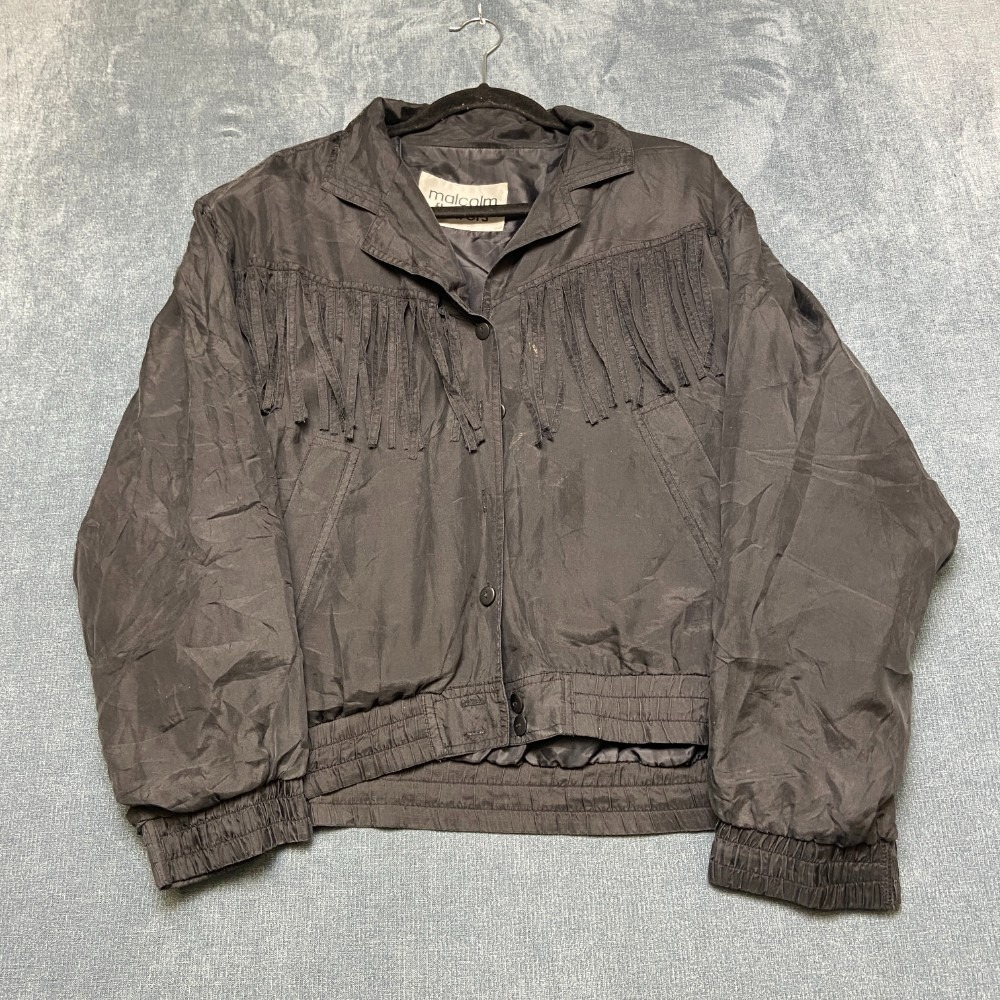 VTG Malcolm Flowers Fringe Jacket Womens XL Black Silk Elastic Cuff Camp Collar